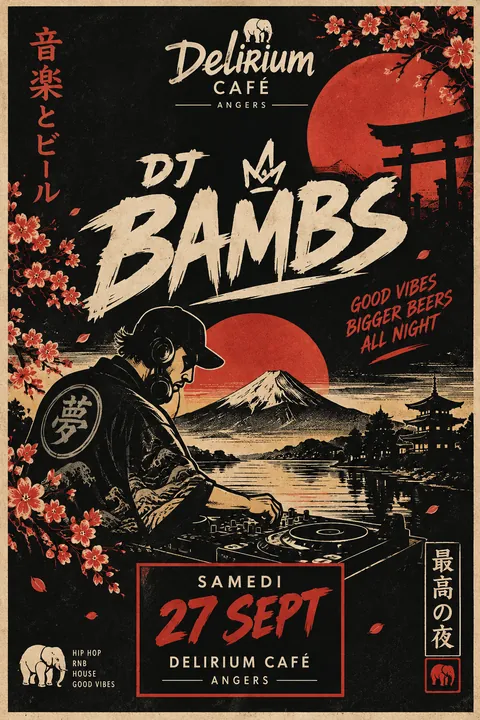 Avant : La même soirée DJ : à gauche un flyer générique généré (DJ aux platines, lasers, lettrage doré), à droite l'affiche Bambs en papier crème, bosquet de bambous et caractères japonais.
