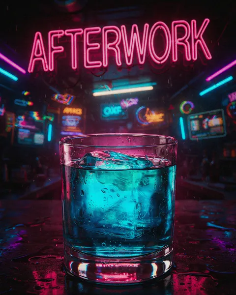 Affiche d'exemple dans le style cyberpunk : un afterwork sous la pluie et les néons.