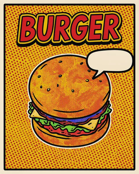 Affiche d'exemple dans le style pop art : un burger en trame de points et couleurs primaires.